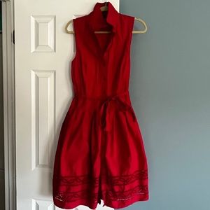 Talbots Red Poplin Sleeveless Shirt Dress with Eyelet Detail
